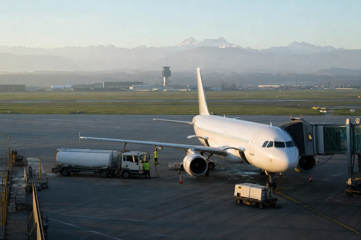 Aerei passeggeri sottoposti a manutenzione sul piazzale dell'aeroporto con montagne in lontananza