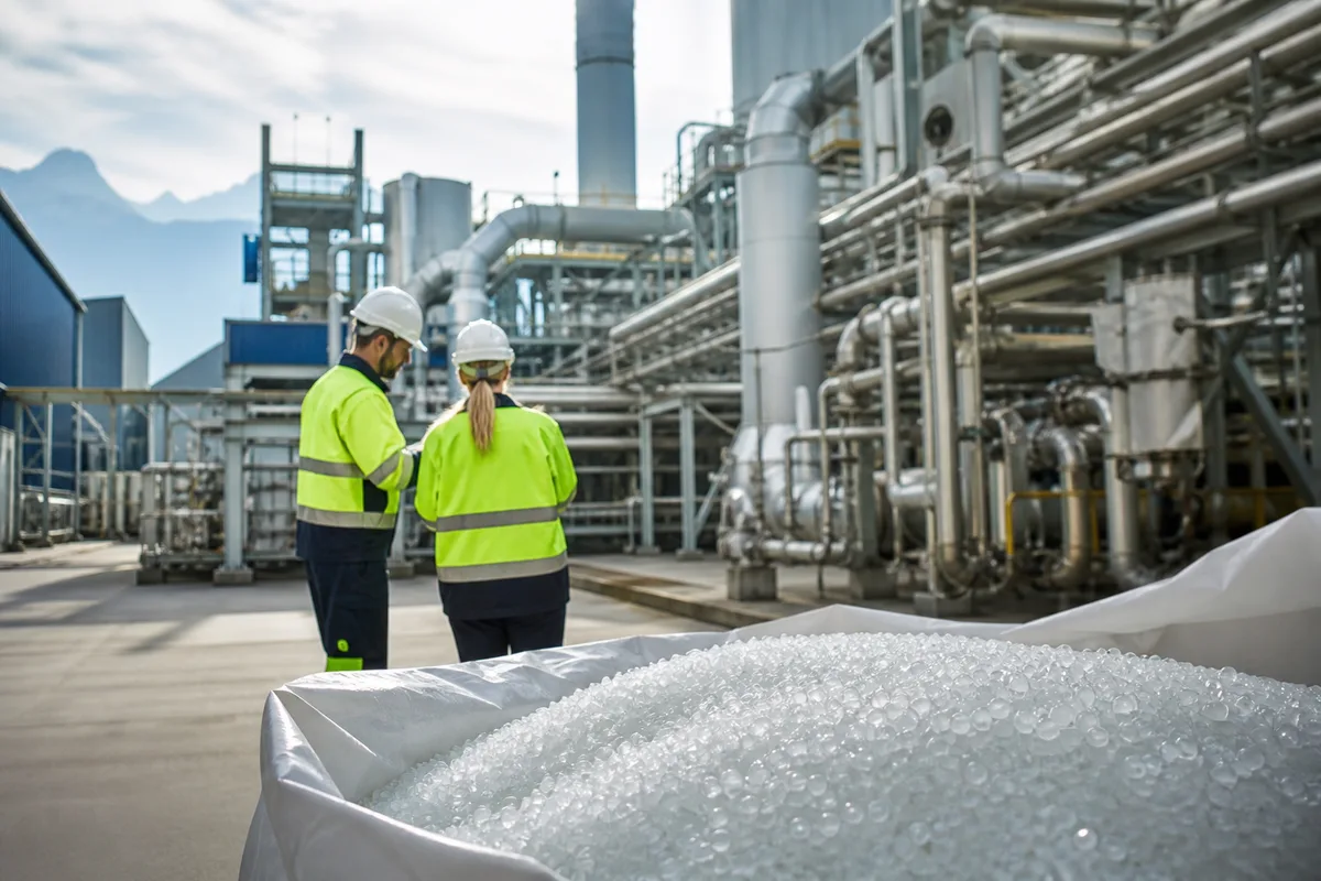 Arbeiter in einer chemischen Produktionsanlage mit Polymerpellets im Vordergrund