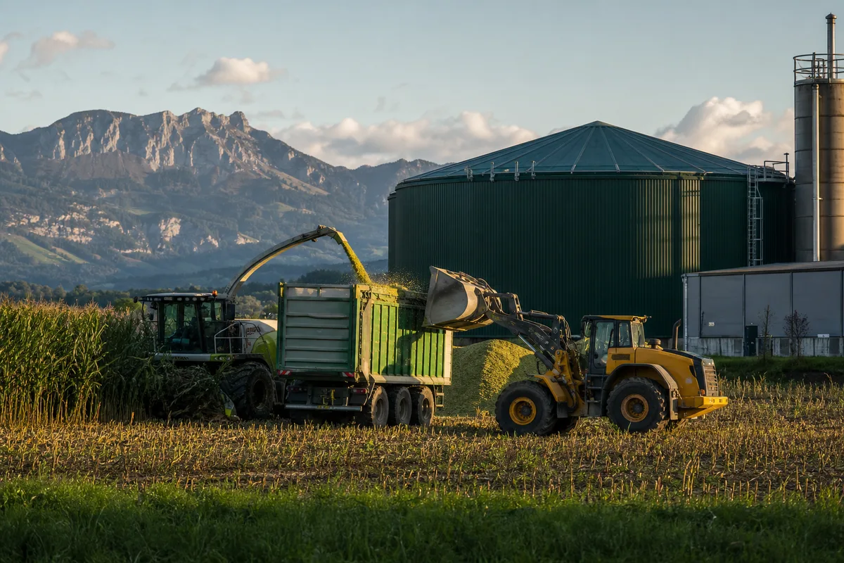 Landwirtschaftliche und schwere Maschinen arbeiten neben einer Industrieanlage