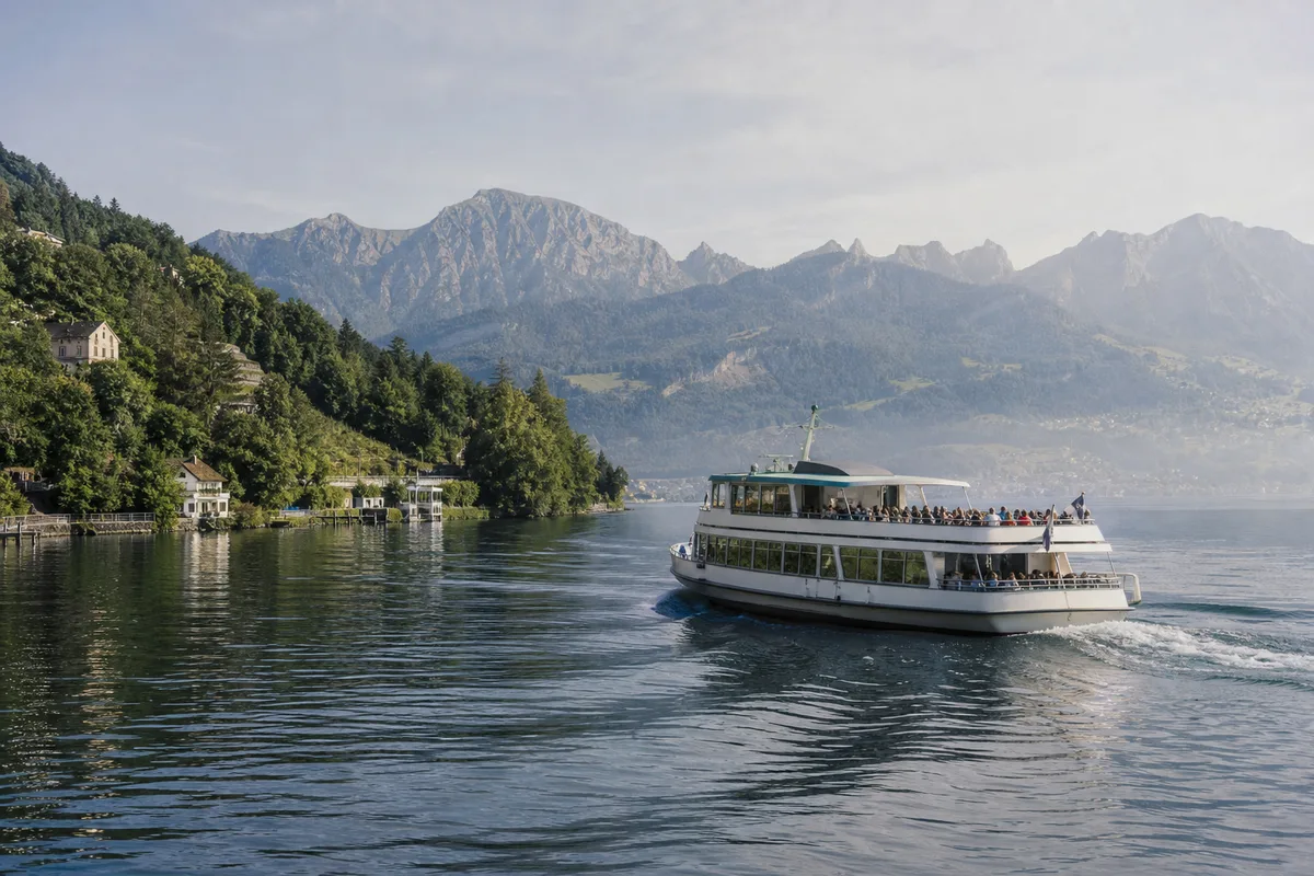 Passagierfähre überquert einen ruhigen Schweizer See unterhalb der Alpen