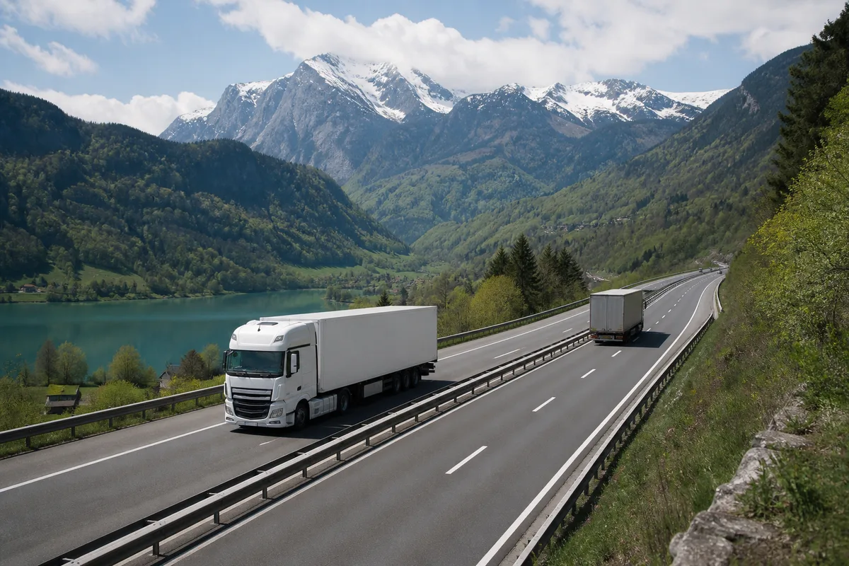 Camion merci che viaggiano lungo un'autostrada attraverso un paesaggio alpino