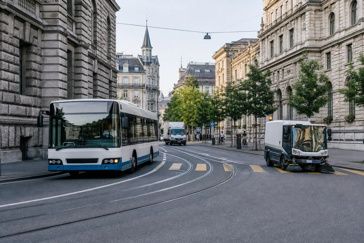 Autobus pubblico e veicolo di servizio municipale che opera su una strada cittadina europea