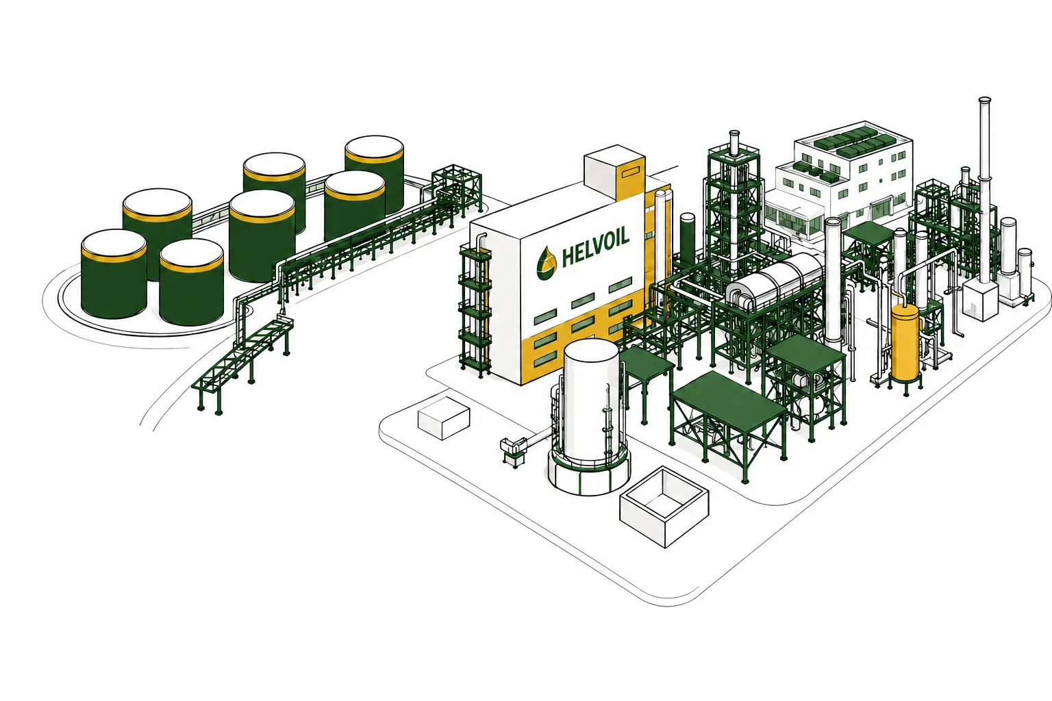 Illustrazione isometrica della raffineria Helvoil di carburanti rinnovabili, con serbatoi e impianti di processo