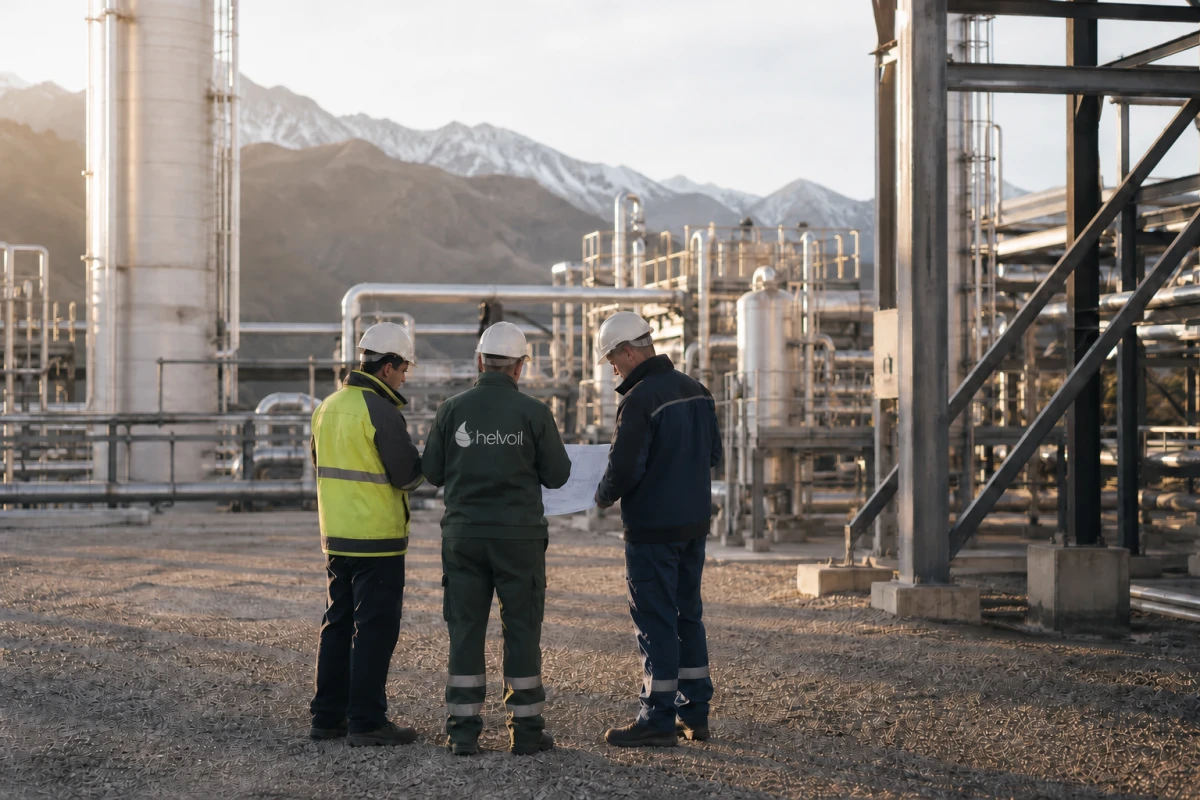 Industrial specialists reviewing technical plans at a Swiss process facility